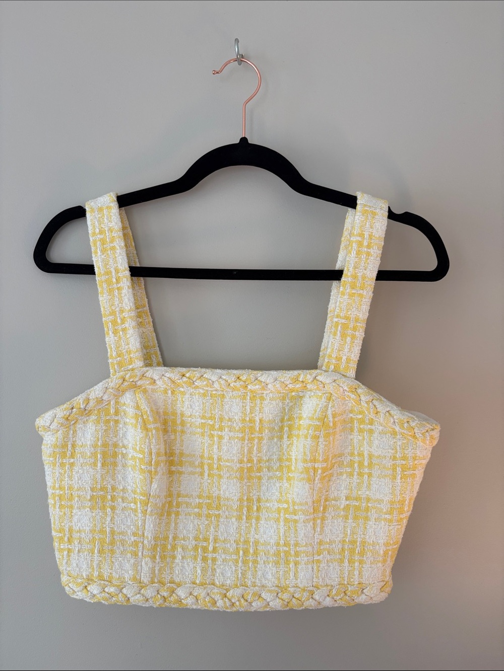 Veronica Beard Yellow and White Tweed Braided-Trim Cropped Tank